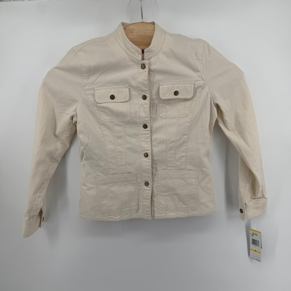 Jones New York Signature Womens Cream Button Front Collarless Jacket Size Medium